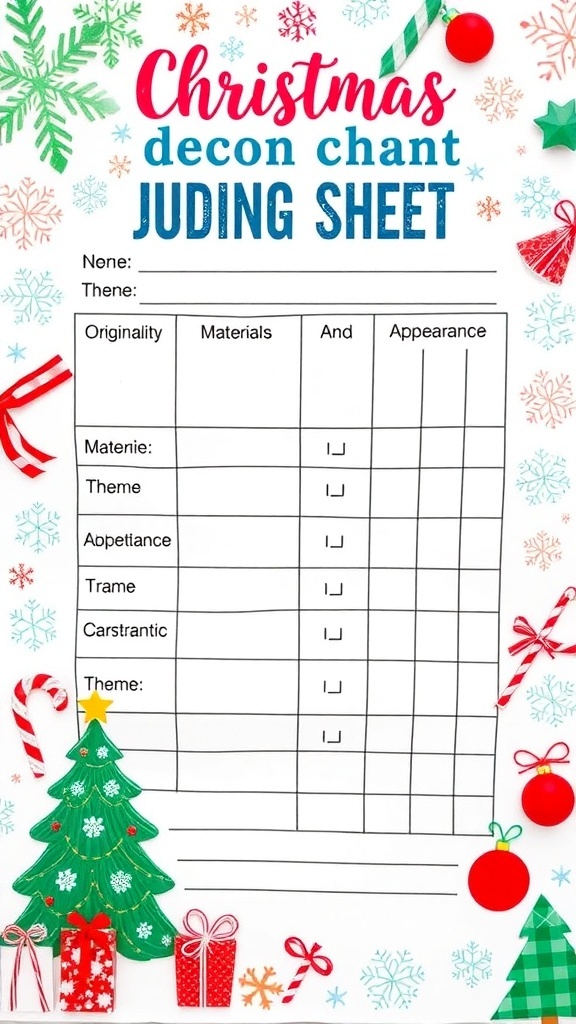 Christmas Door Decorating Contest Judging Sheet A colorful judging sheet for a Christmas door decorating contest with scoring categories and festive decorations.